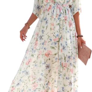 ANRABESS Women’s Summer Loose Boho Flowy Wrap V Neck 3/4 Sleeve Floral Print Slit Beach Wedding Guest Long Maxi Dresses