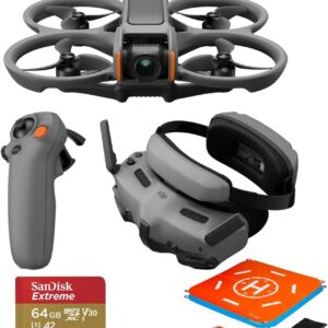 DJI Avata 2 Fly More Combo (1 Battery), FPV Drone with Camera 4K, Built-in Propeller Guard, Easy Flip/Roll, Goggles 3 and RC Motion 3 Included, POV Content Camera Drone, Black + SD Card & Landing pad