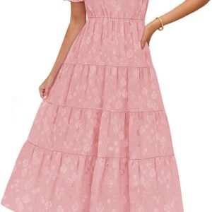 ZESICA Womens 2025 Summer Puff Short Sleeve Midi Dress Floral V Neck Textured Ruffle Flowy Beach Party Dresses
