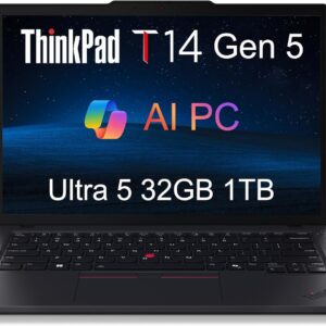 Lenovo ThinkPad T14 Gen 5 Business Laptop (14″ FHD+, Intel Core Ultra 5 125U (>i7-1355U), 32GB DDR5 RAM, 1TB SSD), Backlit, Fingerprint, 5MP Webcam, 3-Year Warranty, Wi-Fi 6E, Win 11 Pro, 2025 AI PC