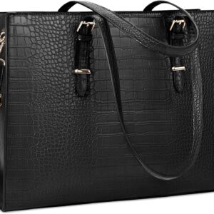 Laptop Bag for Women 15.6 Inch Laptop Tote Bag Leather Classy Computer Briefcase for Work Waterproof Handbag Professional Shoulder Bag Women Business Office Bag Large Capacity Black
