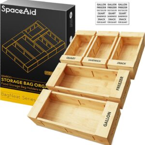 SpaceAid Bag Storage Organizer for Kitchen Drawer, Bamboo Organizer, Compatible with Gallon, Quart, Sandwich and Snack Variety Size Bag (5 Pack Set)