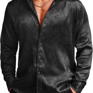 COOFANDY Men’s Silk Satin Dress Shirts Jacquard Long Sleeve Floral Button Up Shirts Party Prom Wedding Shirt