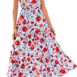 PRETTYGARDEN Women’s 2025 Summer Floral Midi Dress Cap Sleeve V Neck Ruffle Long Flowy Boho Casual Beach Vacation Dresses