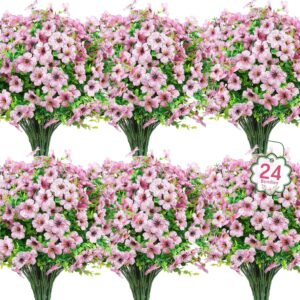 Ouddy Decor 24 Bundles Artificial Flowers for Outdoors Fake Silk Flowers UV Resistant Faux Plastic Plants for Spring Summer Garden Porch Window Box Table Vase Home Indoor Outdoor Decoration, Pink