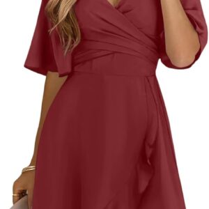 Dokotoo Women’s Wrap V Neck Short Flared Sleeve Wedding Guest Dress Smocked Elastic Waist Tiered Belted Ruffle Hem Mini Dress