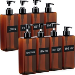 Segbeauty 8 Packs Empty Bathroom Soap Dispenser, 16.9oz Refillable Plastic Pump Bottles with Labels, 500ml Shower Dispenser Shampoo Conditioner Bottles for Kitchen Amber