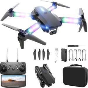 Drone with Camera 1080P HD, Foldable Mini FPV Drones with LED Lights for Adults Kids and Beginners, Toys Gifts RC Quadcopter with One Key Take Off, 3D Flips for Boys Girls with 2 Batteries, Black