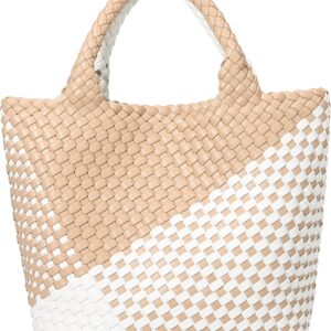 Queenoris Woven Bag for Women, Vegan Leather Tote Bag Large Summer Beach Travel Handbag and Purse Retro Handmade Shoulder Bag