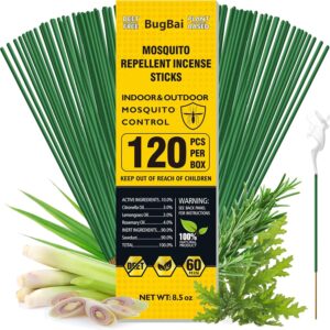 Bugbai® Mosquito Repellent Outdoor Patio 120 PCS, Citronella Oil Mosquito Incense Sticks Indoor Home Pet Family Safe, Natural Plant-Based Bug Insect Barrier for Yard Garden Lawn Camping Fishing