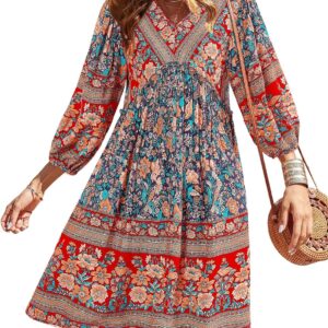 BTFBM Women Casual Spring Summer Dresses V Neck 3/4 Long Sleeve Ruffle Floral Flowy Boho Babydoll Mini Short Beach Dress